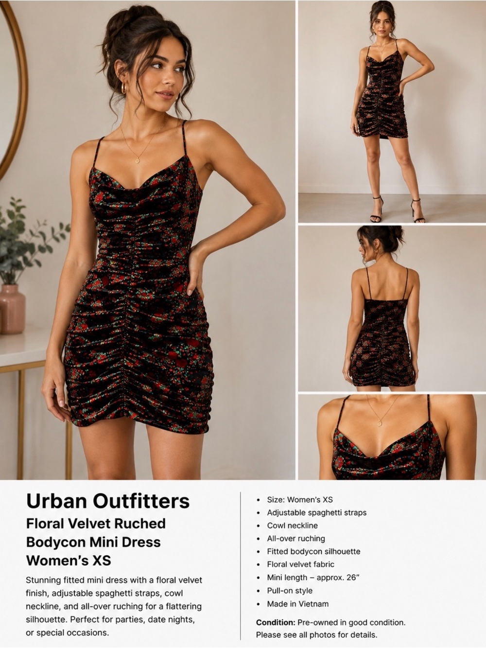 ban Outfitters Floral Velvet Ruched Bodycon Mini Dress Women’s XS